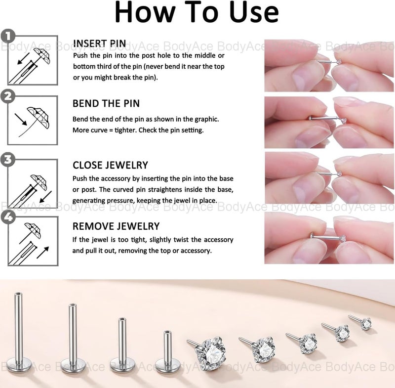 BodyAce Threadless Spike Flact Back Earrings Cartilage Lip Rings, 16G Stainless Steel Daith Helix Tragus Studs, Push in Rook Lobe Lip Piercing for Women Men - Image 3